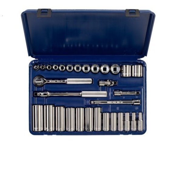 Wright Tool 3/8 in. Drive 31 Piece Blow Mold Case Set, 6 Point Standard & Deep Sockets, 1/4 in., 1 in., Ratchet 339-MC